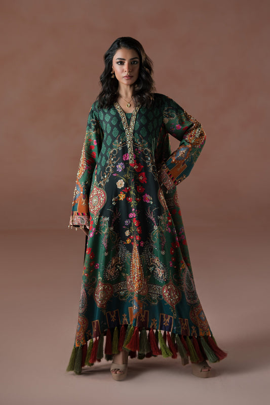 Ammara Khan | Flo 25 | Forest Floral Tassel Kaftan Set (D-06) XS Teal Green Raw Silk