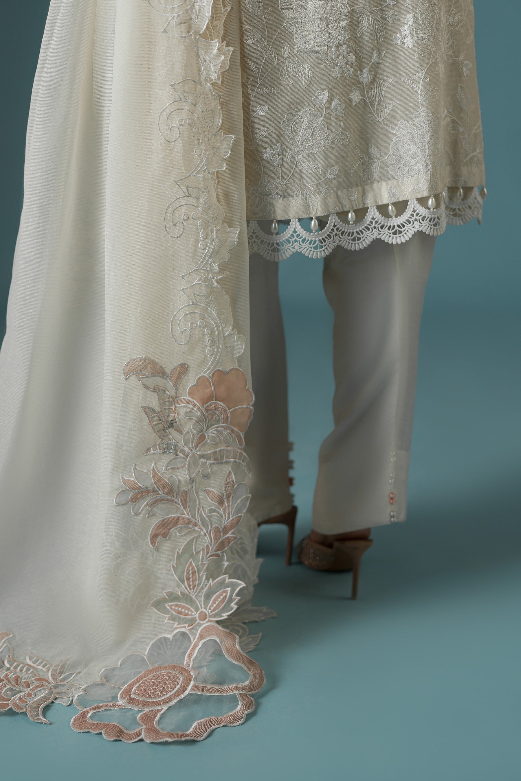 Ammara Khan | Flo 25 | Pearl Spring Lily Shalwar Set (D-10) XL Ivory Karandi Organza