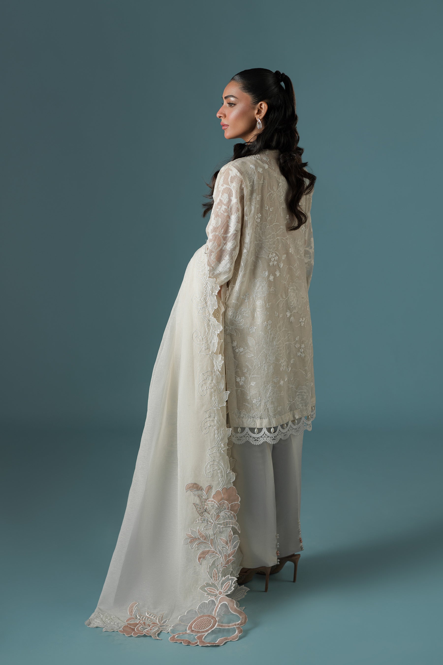 Ammara Khan | Flo 25 | Pearl Spring Lily Shalwar Set (D-10) S Ivory Karandi Organza