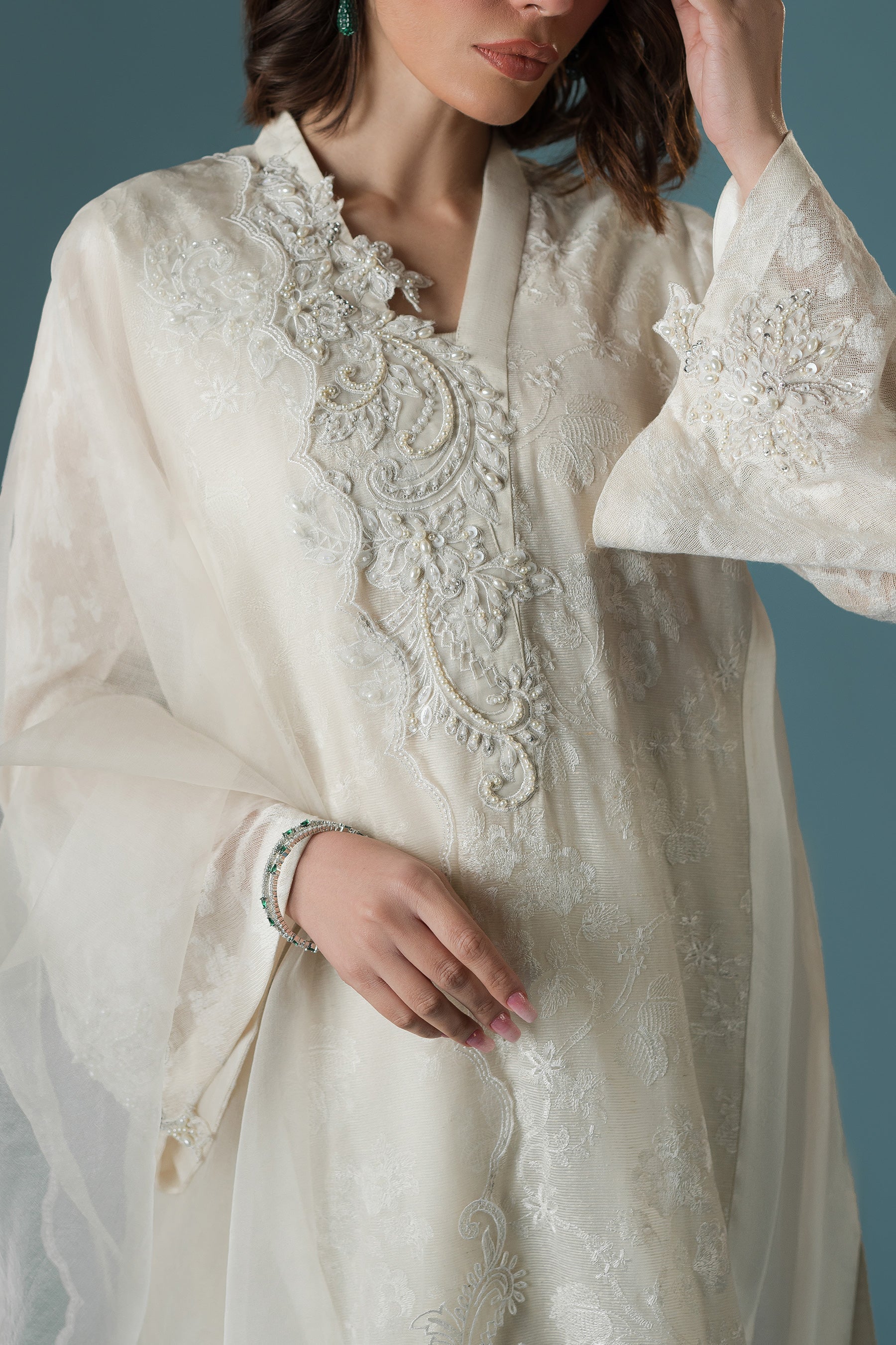 Ammara Khan | Flo 25 | Chandni Rani Long Kurta Set (D-11) M Cream Karandi Organza