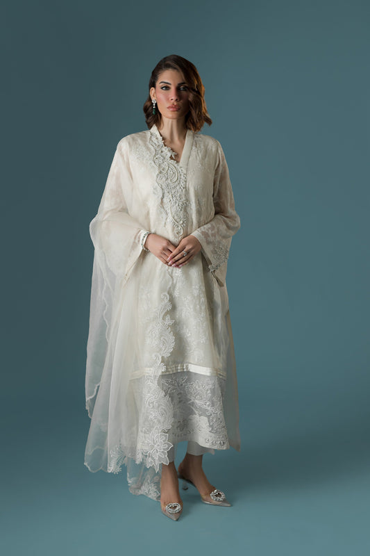 Ammara Khan | Flo 25 | Chandni Rani Long Kurta Set (D-11) XS Cream Karandi Organza
