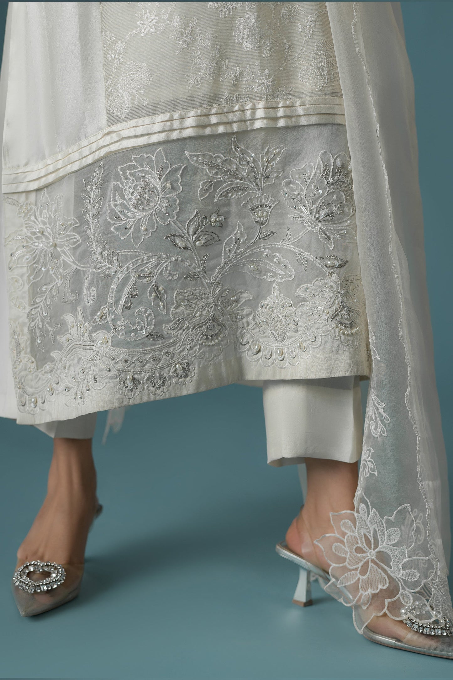 Ammara Khan | Flo 25 | Chandni Rani Long Kurta Set (D-11) L Cream Karandi Organza