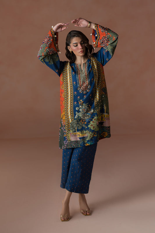 Ammara Khan | Flo 25 | Modern Mughal Multi Co-ord Set (D-01) XS Navy Raw Silk