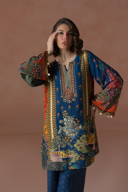 Ammara Khan | Flo 25 | Modern Mughal Multi Co-ord Set (D-01) S Navy Raw Silk