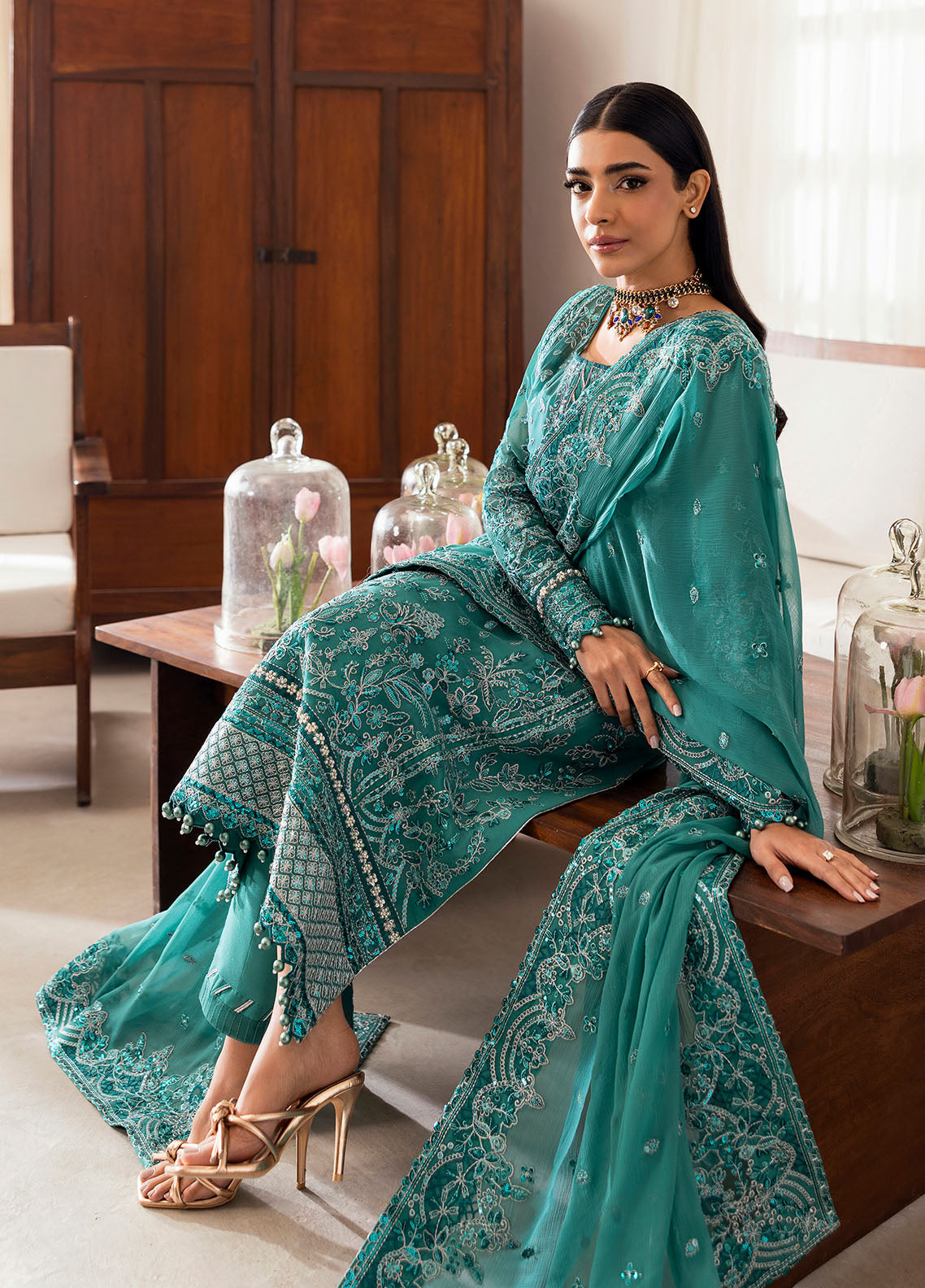 Gulaal | Reverie Embroidered Chiffon | MIRAL Custom Size Sea Green Chiffon