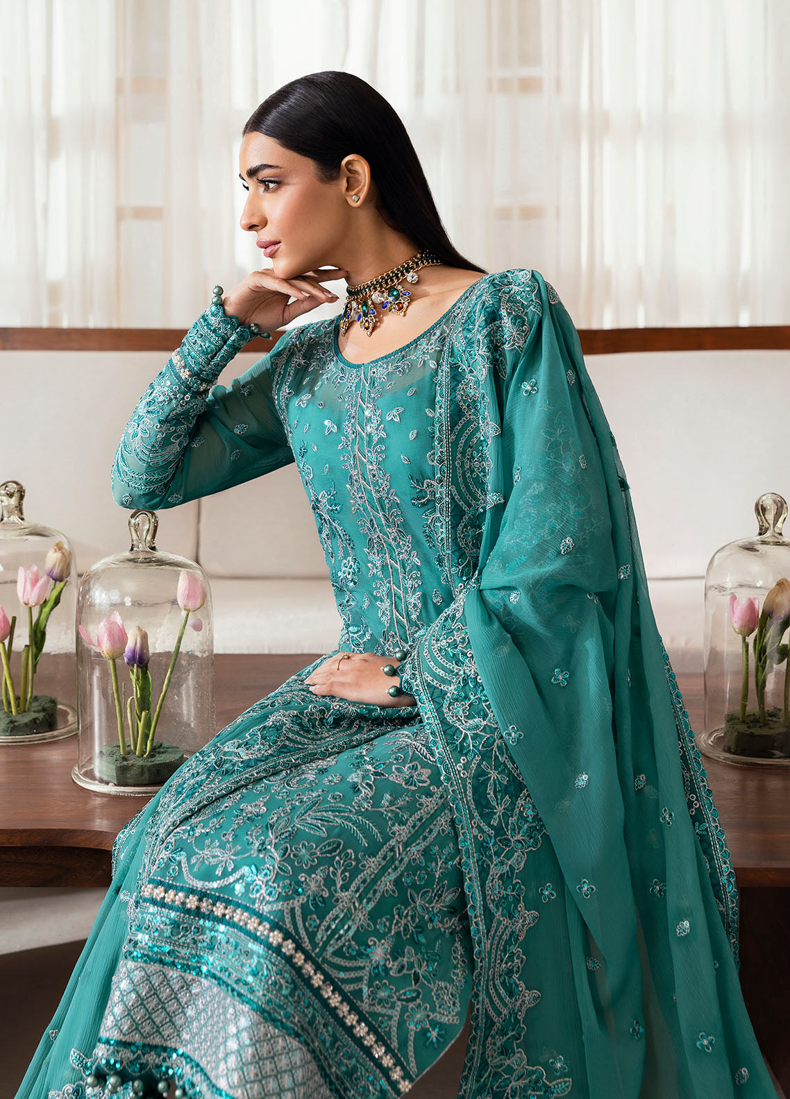 Gulaal | Reverie Embroidered Chiffon | MIRAL XL Sea Green Chiffon