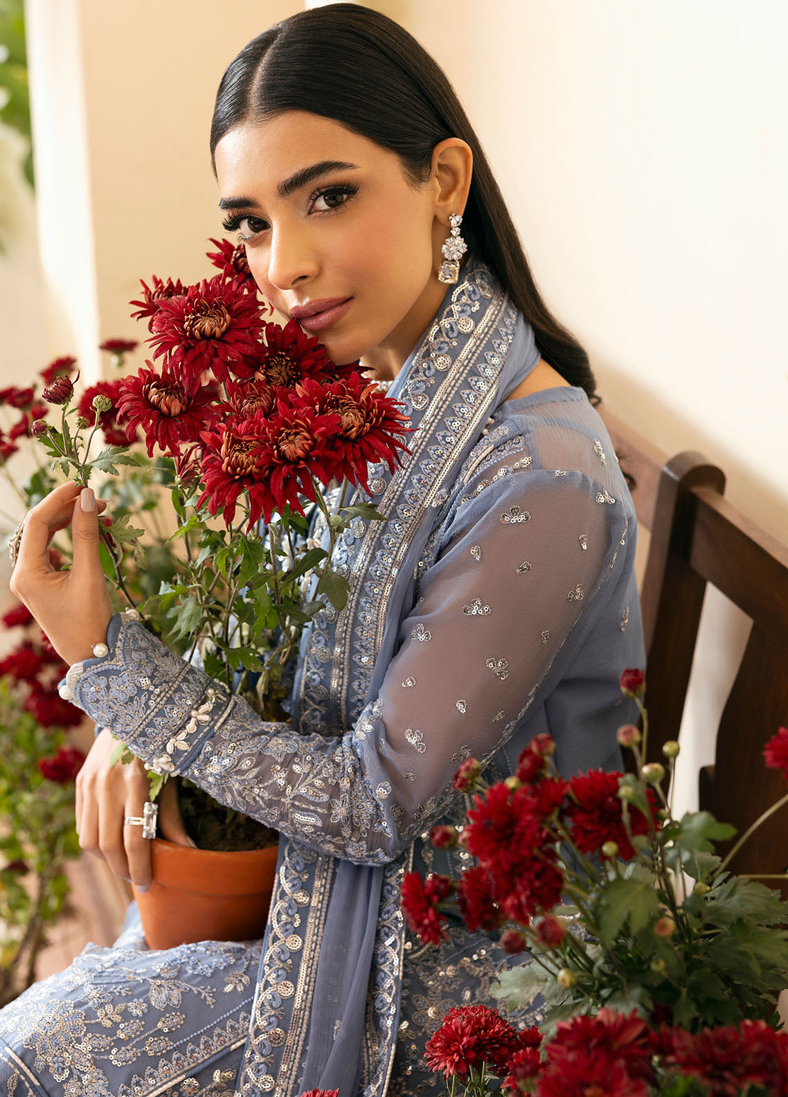 Gulaal | Reverie Embroidered Chiffon | MEHER Custom Size Misty Blue Chiffon