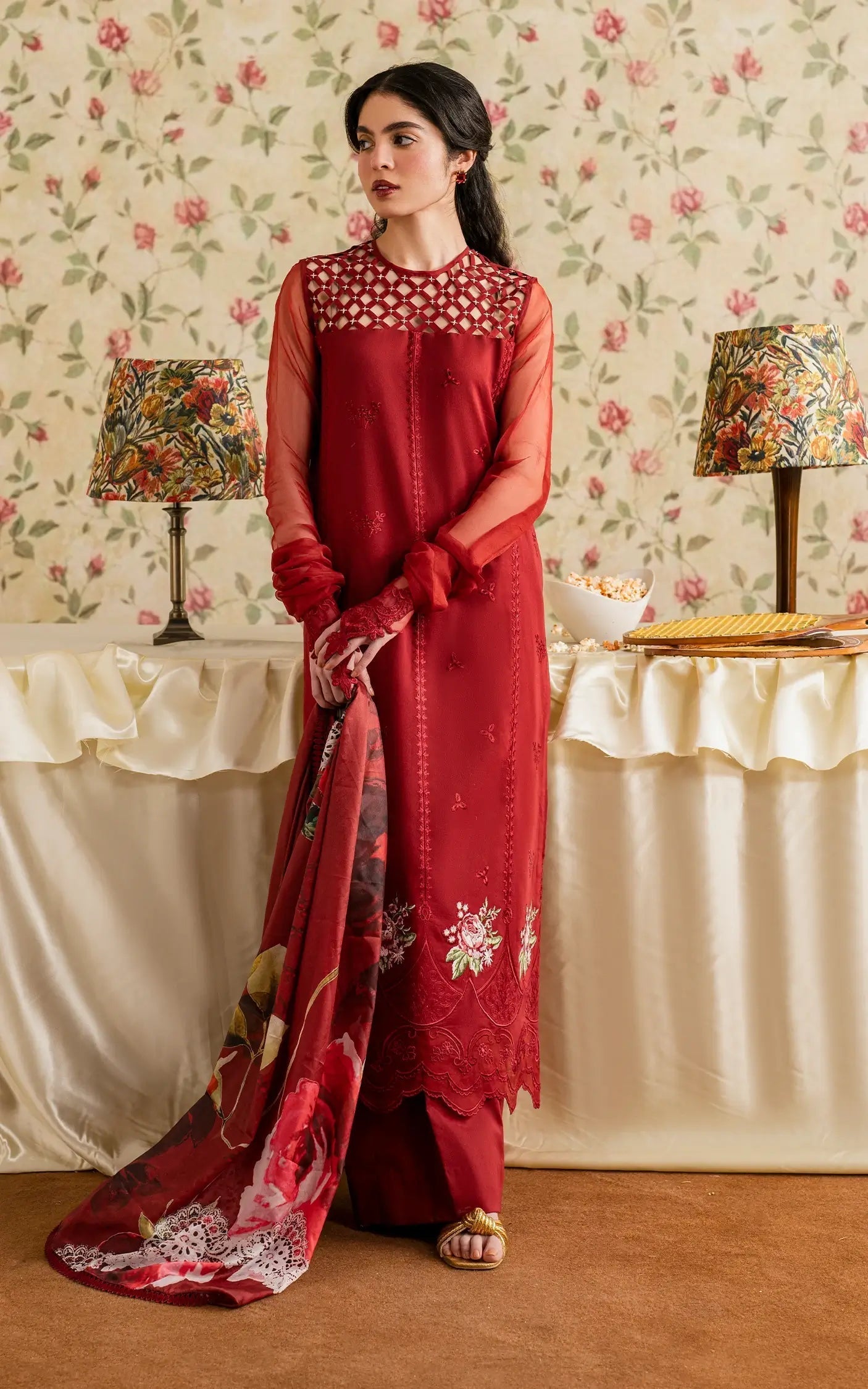 Asifa and Nabeel | Meraki Vintage 25 | Gulaal (MVL25-20) Custom Size Red Lawn
