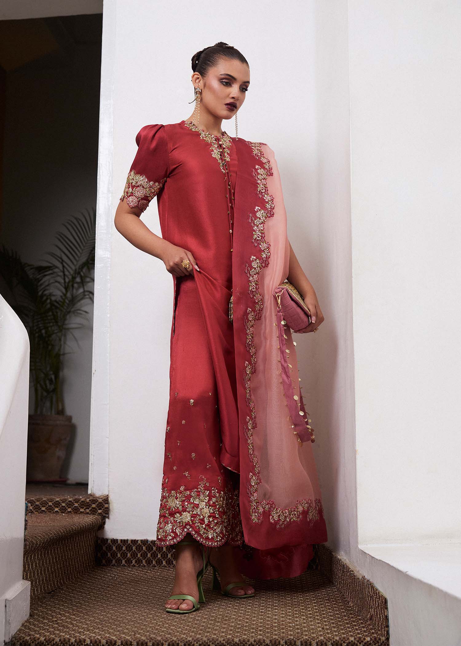 Hussain Rehar | SS Luxury Pret 25 | Tram S Deep Red Pure Raw Silk