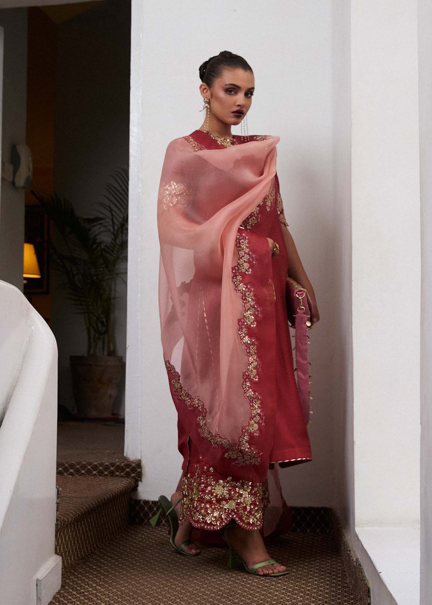 Hussain Rehar | SS Luxury Pret 25 | Tram M Deep Red Pure Raw Silk