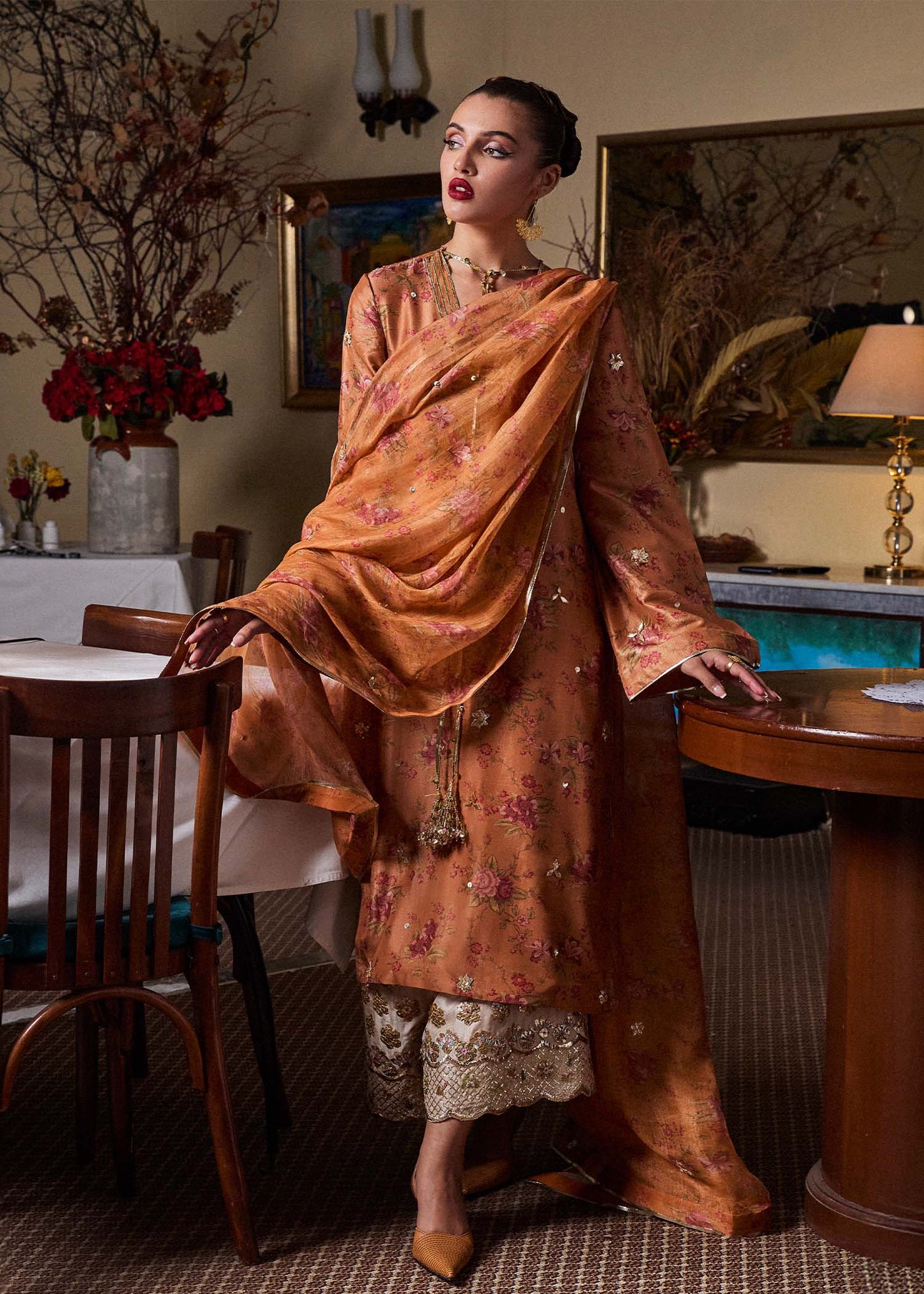 Hussain Rehar | SS Luxury Pret 25 | Dijan L Rust Brown Pure Raw Silk