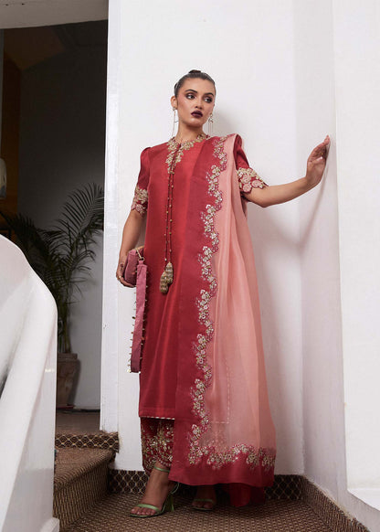 Hussain Rehar | SS Luxury Pret 25 | Tram XS Deep Red Pure Raw Silk