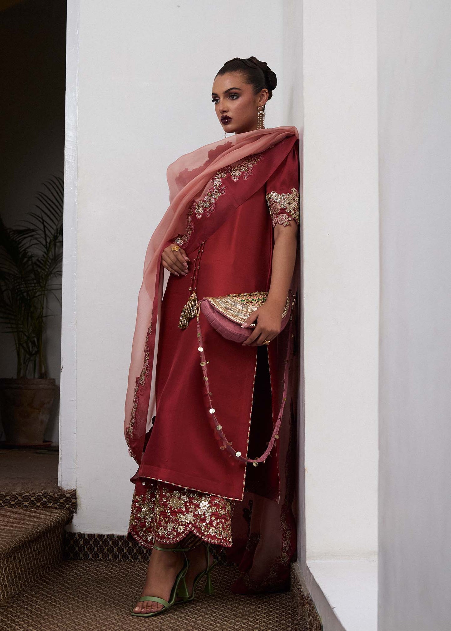 Hussain Rehar | SS Luxury Pret 25 | Tram XL Deep Red Pure Raw Silk