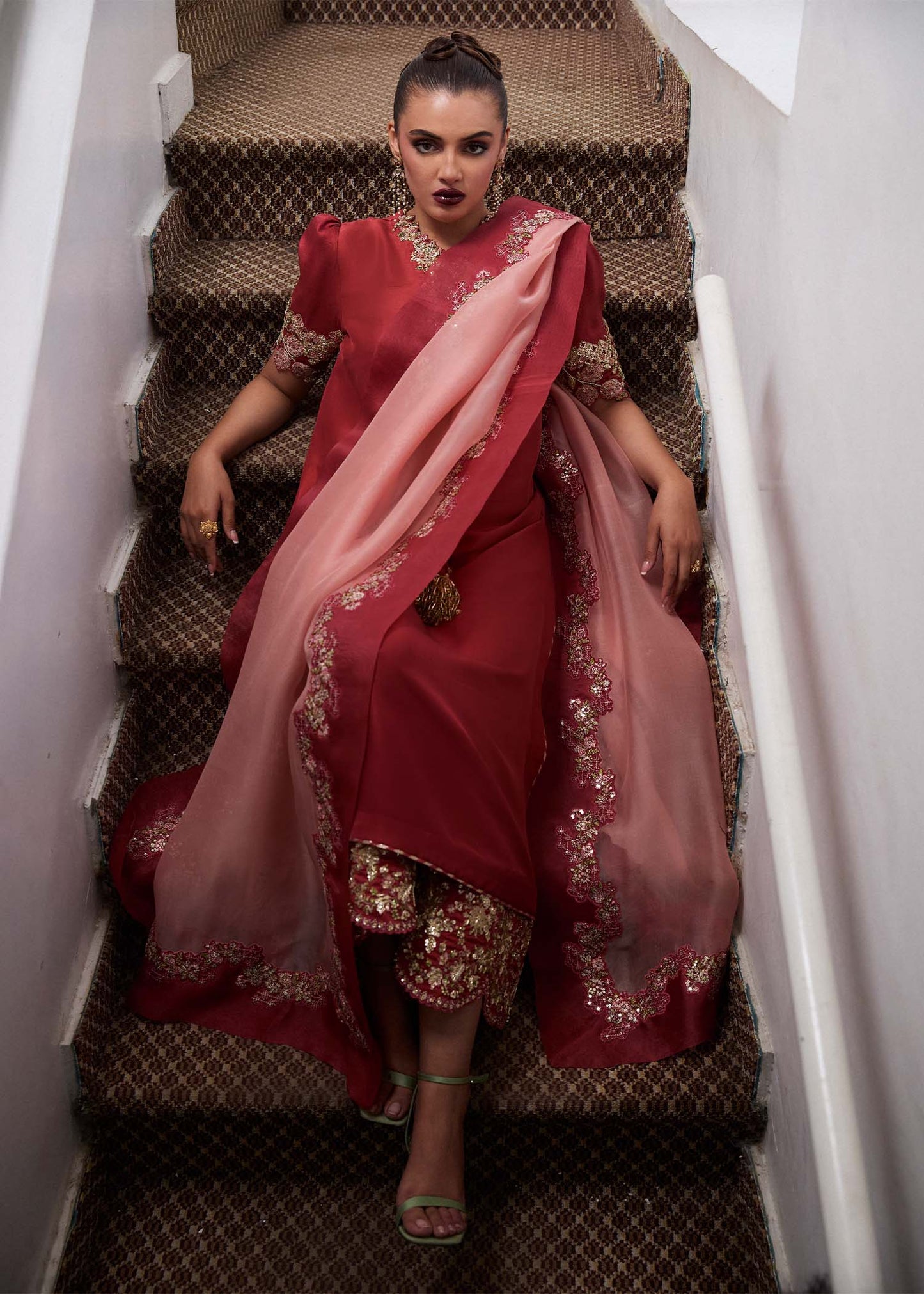 Hussain Rehar | SS Luxury Pret 25 | Tram L Deep Red Pure Raw Silk