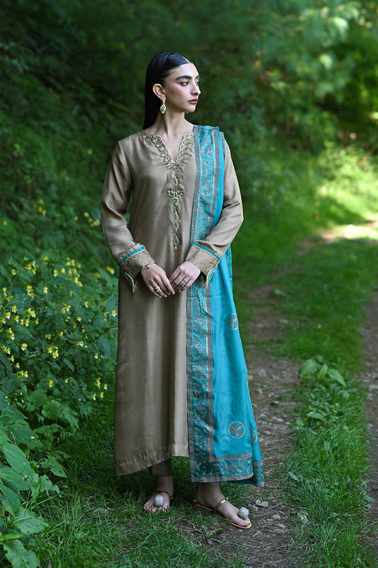 Hue Pret | Farasha Luxury Pret | Azeena XS Dusty Beige Pure Silk