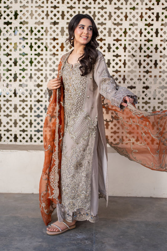 Imrozia Premium | Meeras Luxury Eid 25 | I-227 MISR XS Mouse Gray Organza