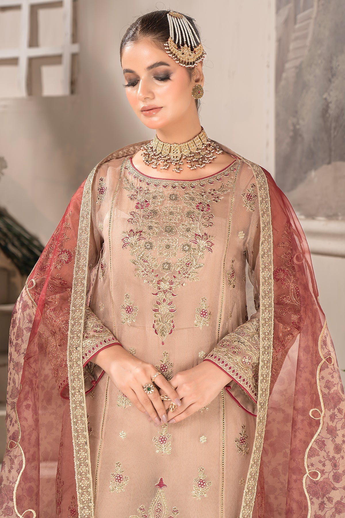 Imrozia Premium | Dilkash Formals | IP-111 Taneesha L Pinkish Gray Khadi Net