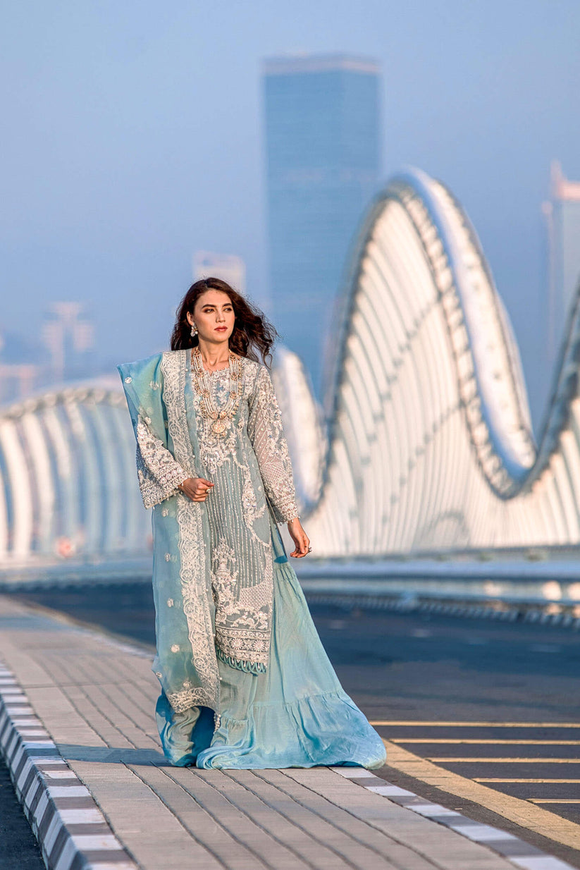 Kara | Kamdani Festive Collection | Icy Cascade L Light Blue Cotton Net