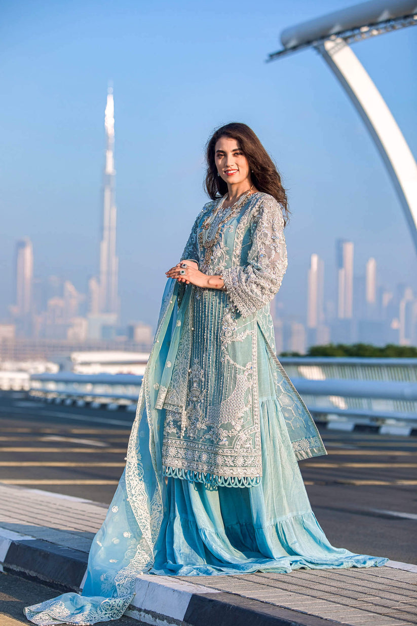 Kara | Kamdani Festive Collection | Icy Cascade XL Light Blue Cotton Net