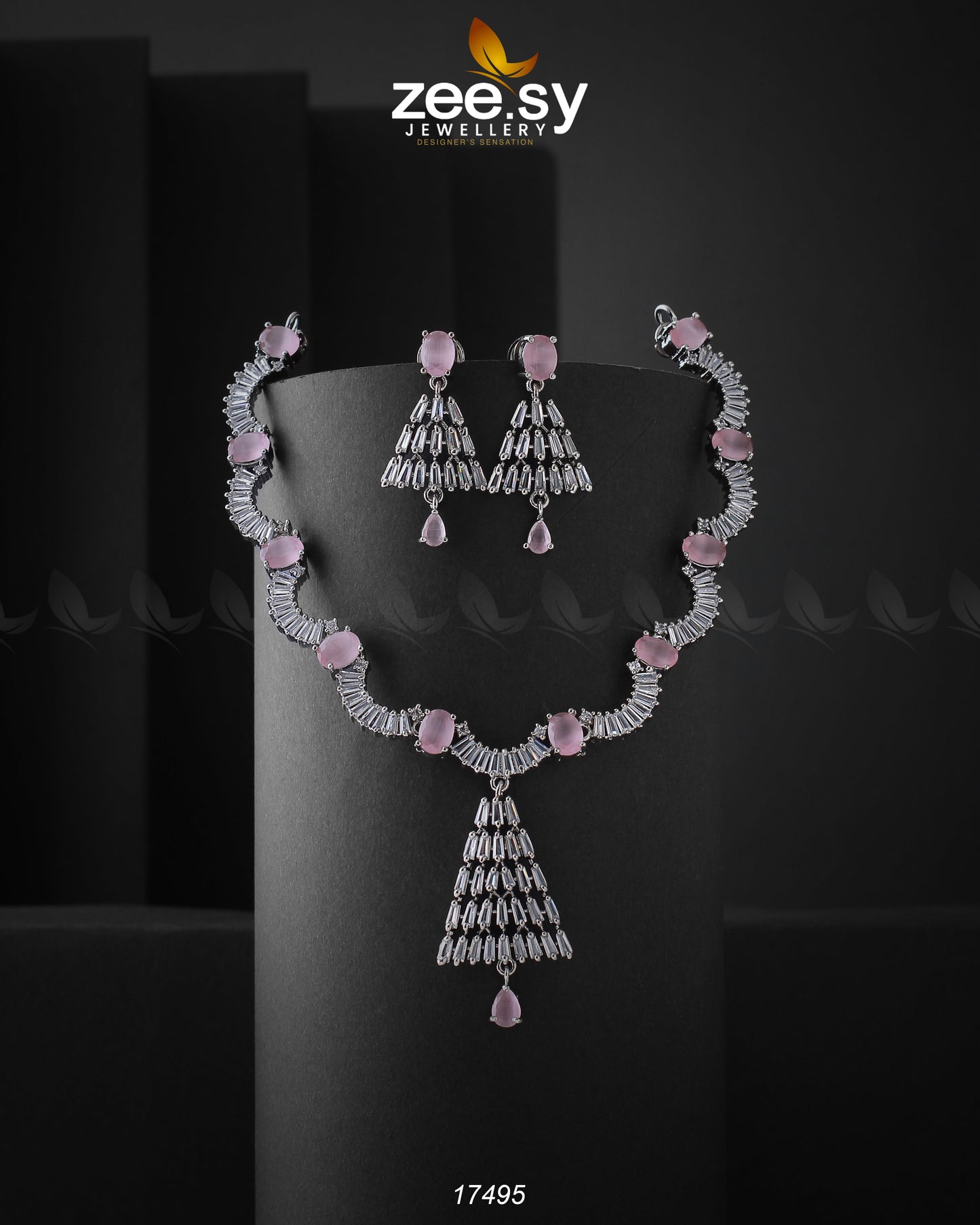 Italian Zircon Necklace Silver Mint Pink