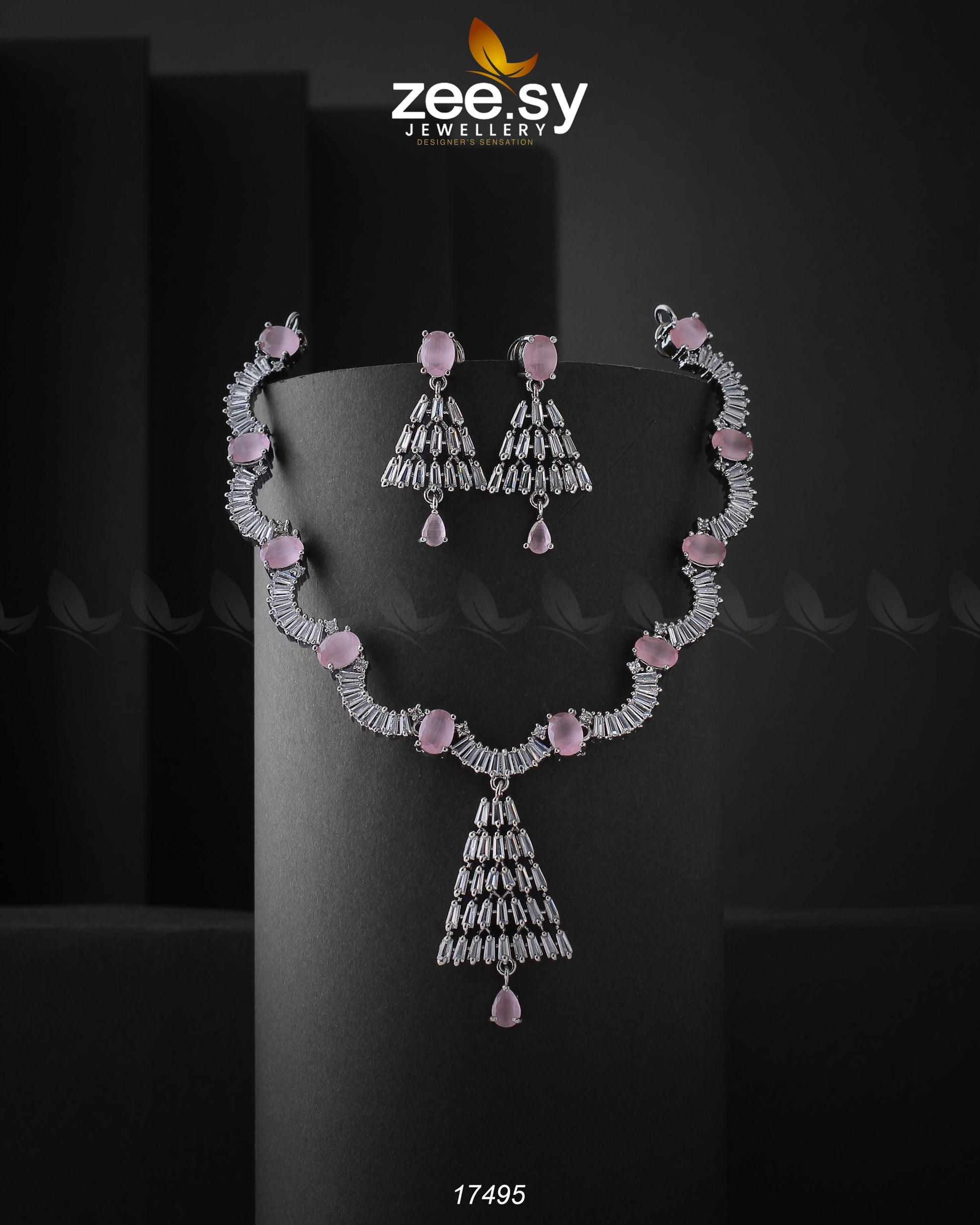 Italian Zircon Necklace Silver Mint Pink