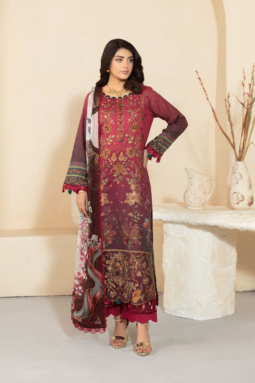 Ramsha | Mashaal Luxury Lawn | L-1303 XS Coral Red Lawn
