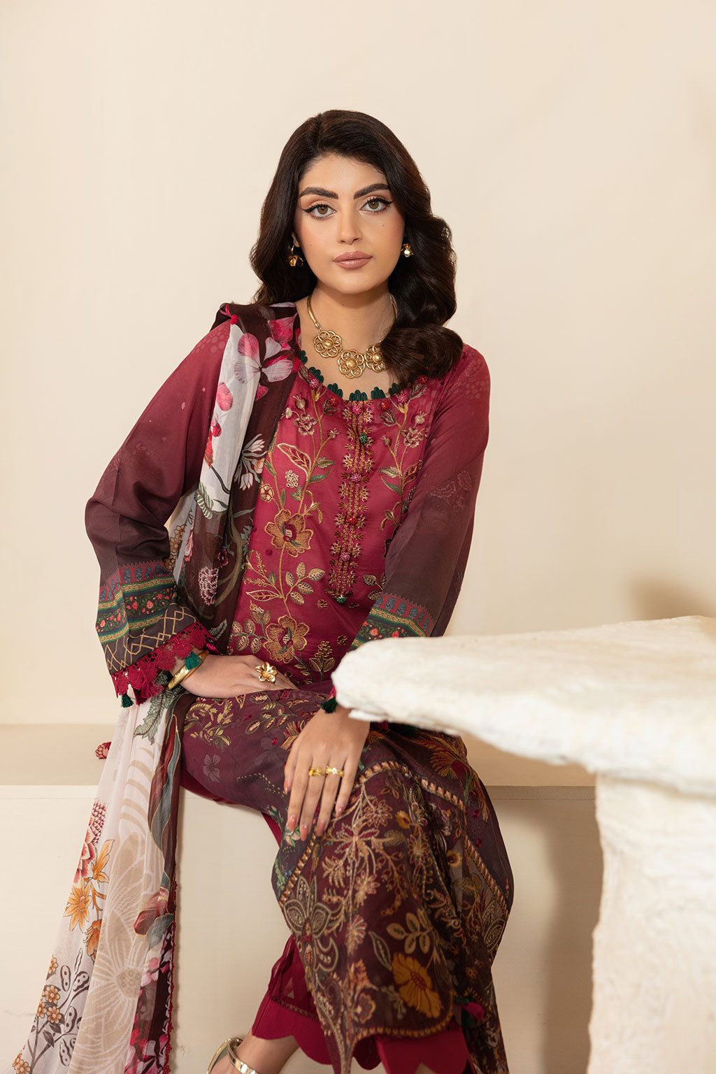 Ramsha | Mashaal Luxury Lawn | L-1303 L Coral Red Lawn