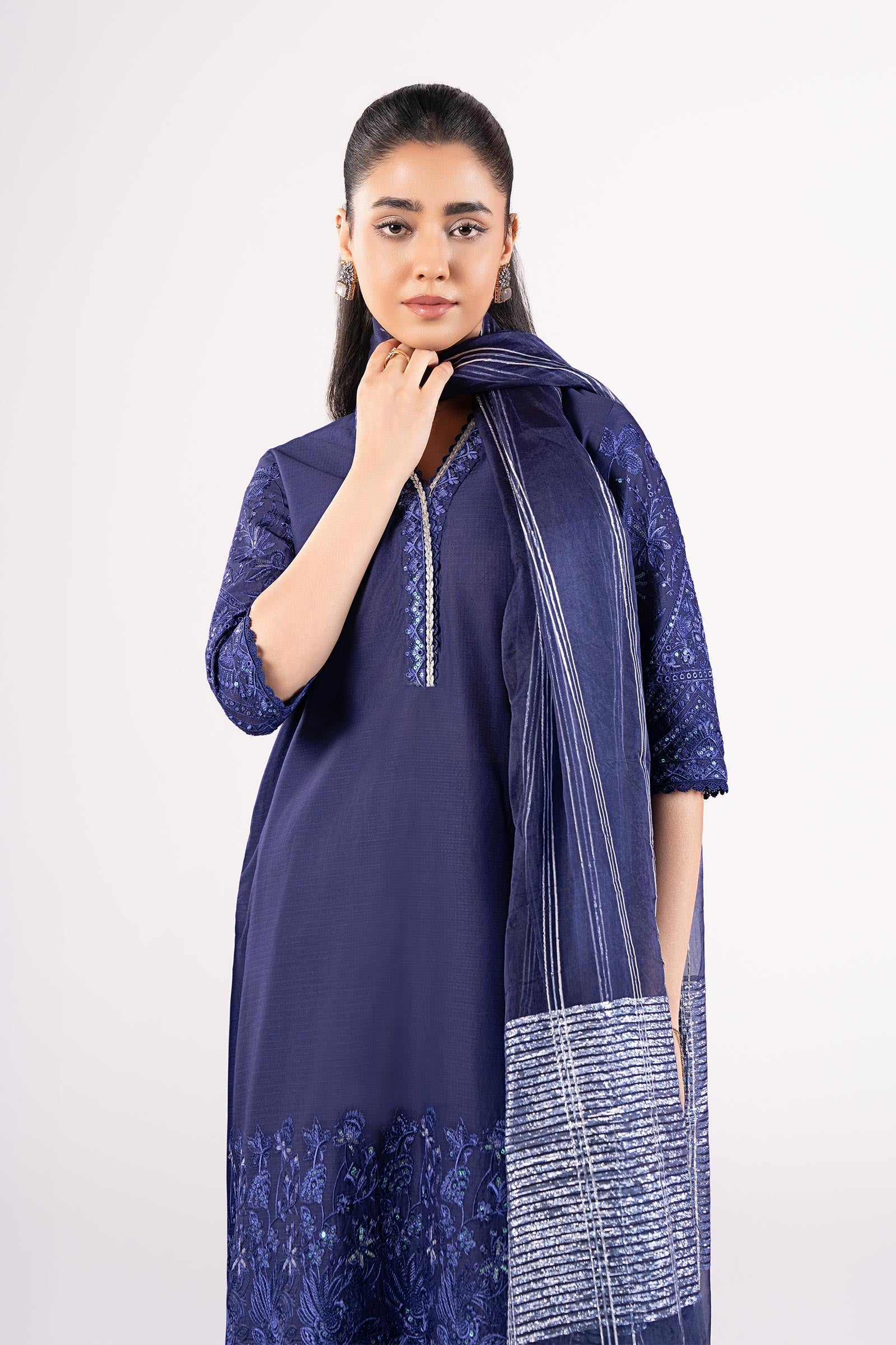 Maria B | Basics RTW | 3 Pc Embroidered Dobby Suit | MB-CS25-137 M Navy Blue Dobby
