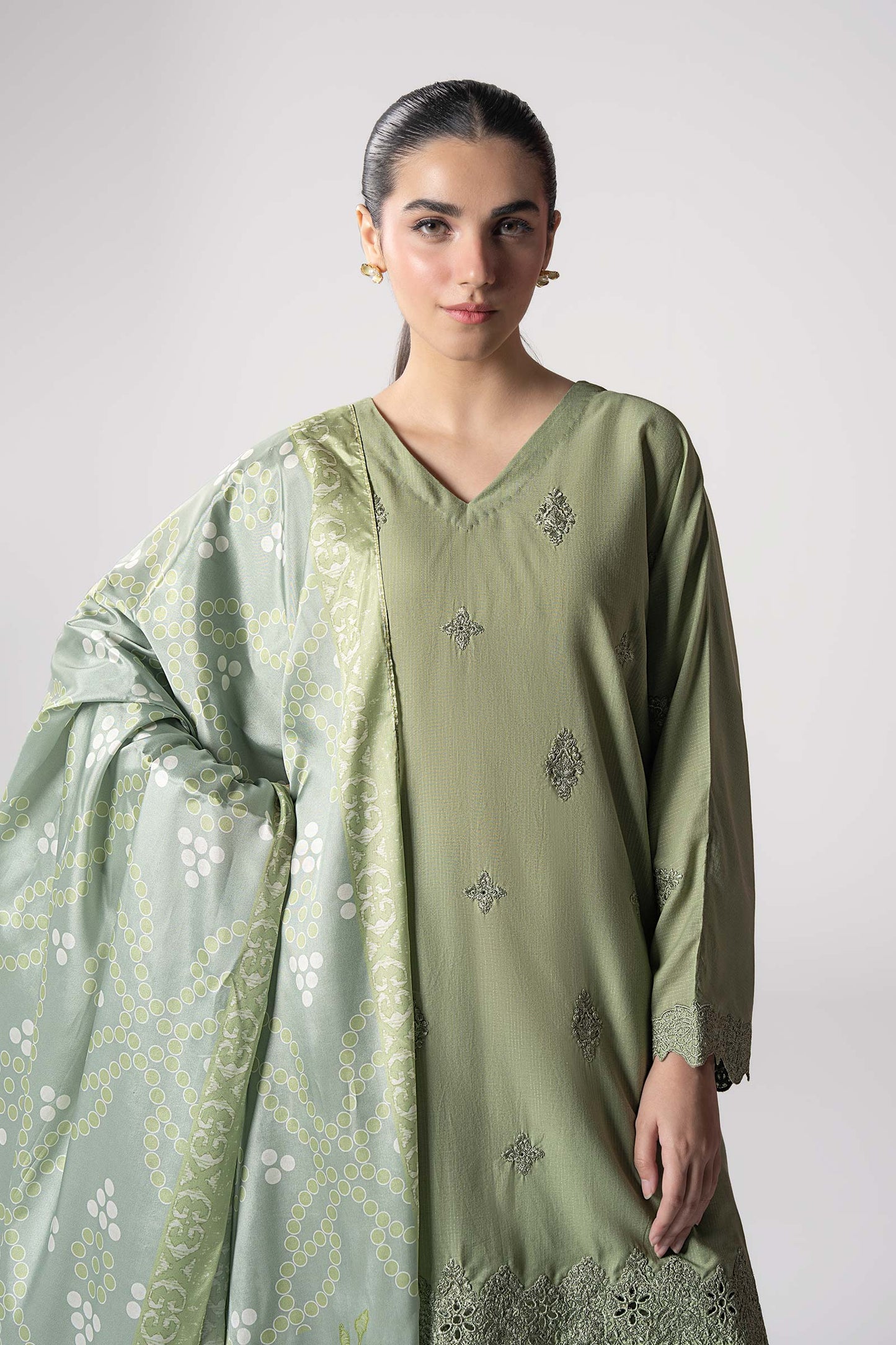 Maria B | Basics RTW | 3 Pc Embroidered Lurex Stripe Suit | MB-CS25-143 M Pistachio Green Lurex
