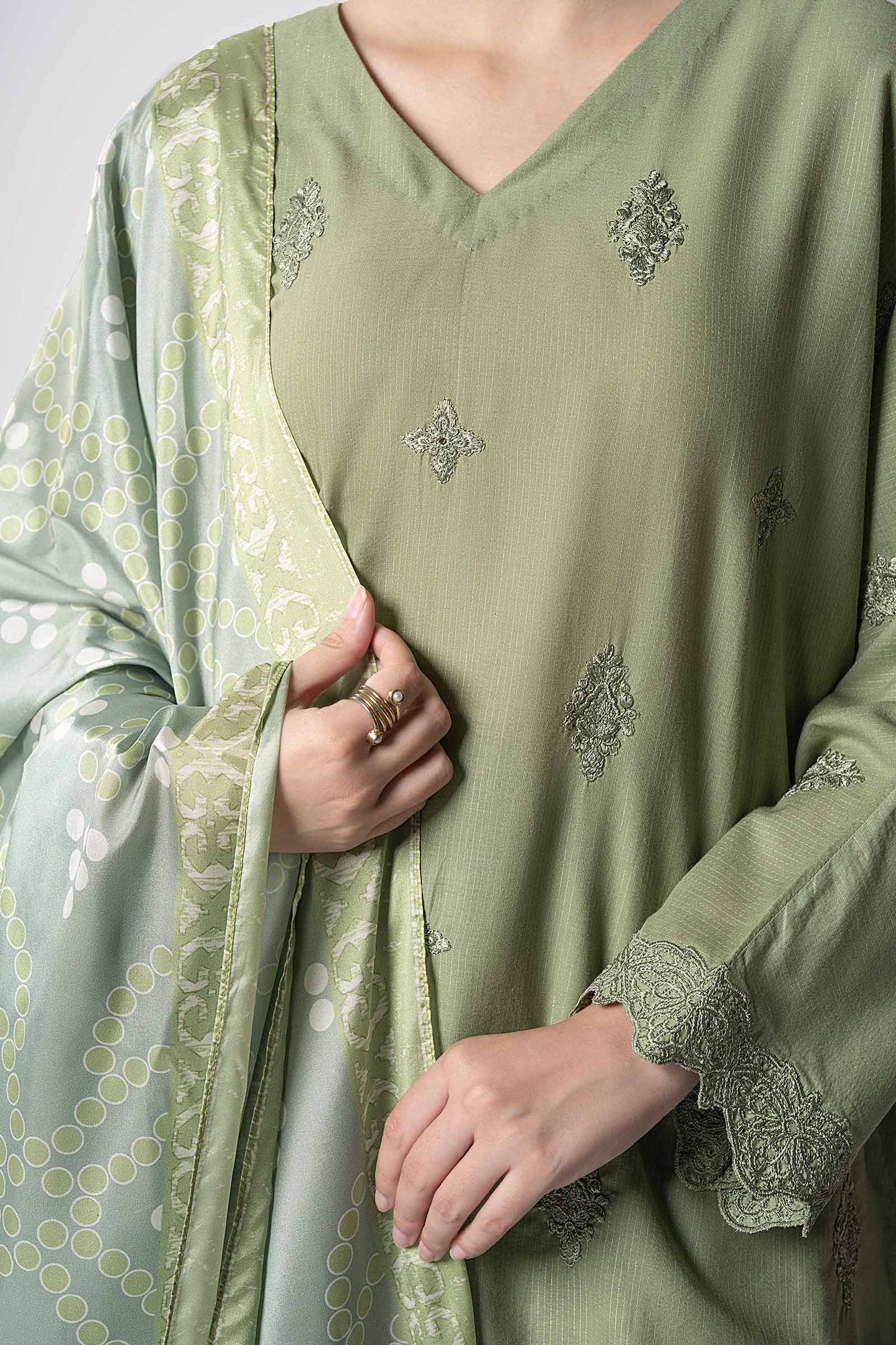 Maria B | Basics RTW | 3 Pc Embroidered Lurex Stripe Suit | MB-CS25-143 L Pistachio Green Lurex