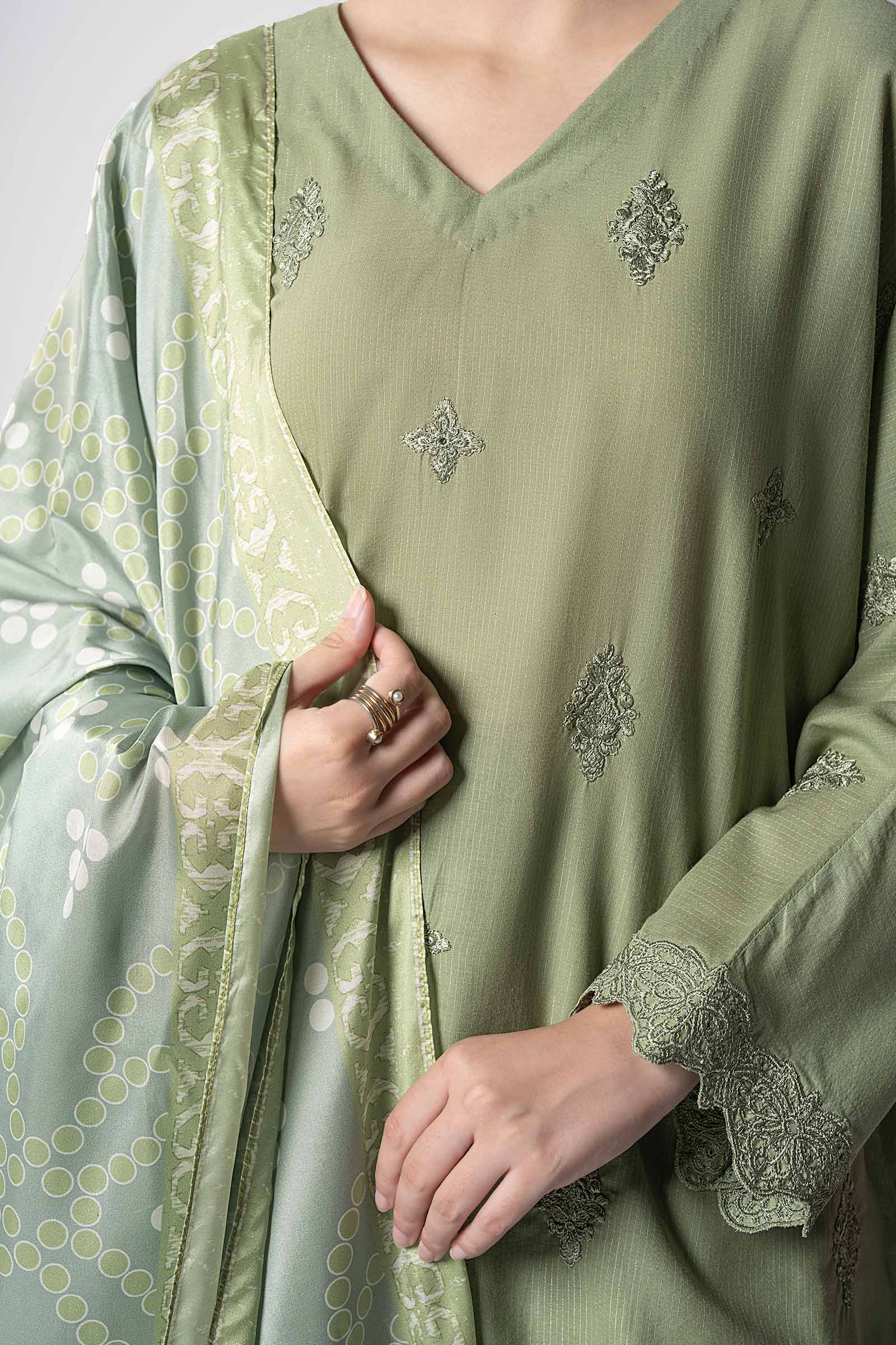 Maria B | Basics RTW | 3 Pc Embroidered Lurex Stripe Suit | MB-CS25-143 L Pistachio Green Lurex