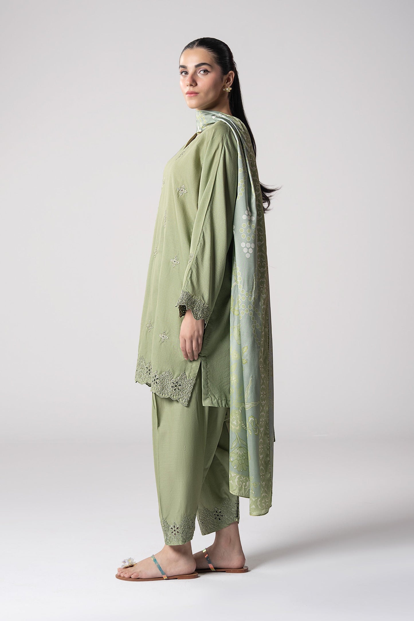 Maria B | Basics RTW | 3 Pc Embroidered Lurex Stripe Suit | MB-CS25-143 XL Pistachio Green Lurex