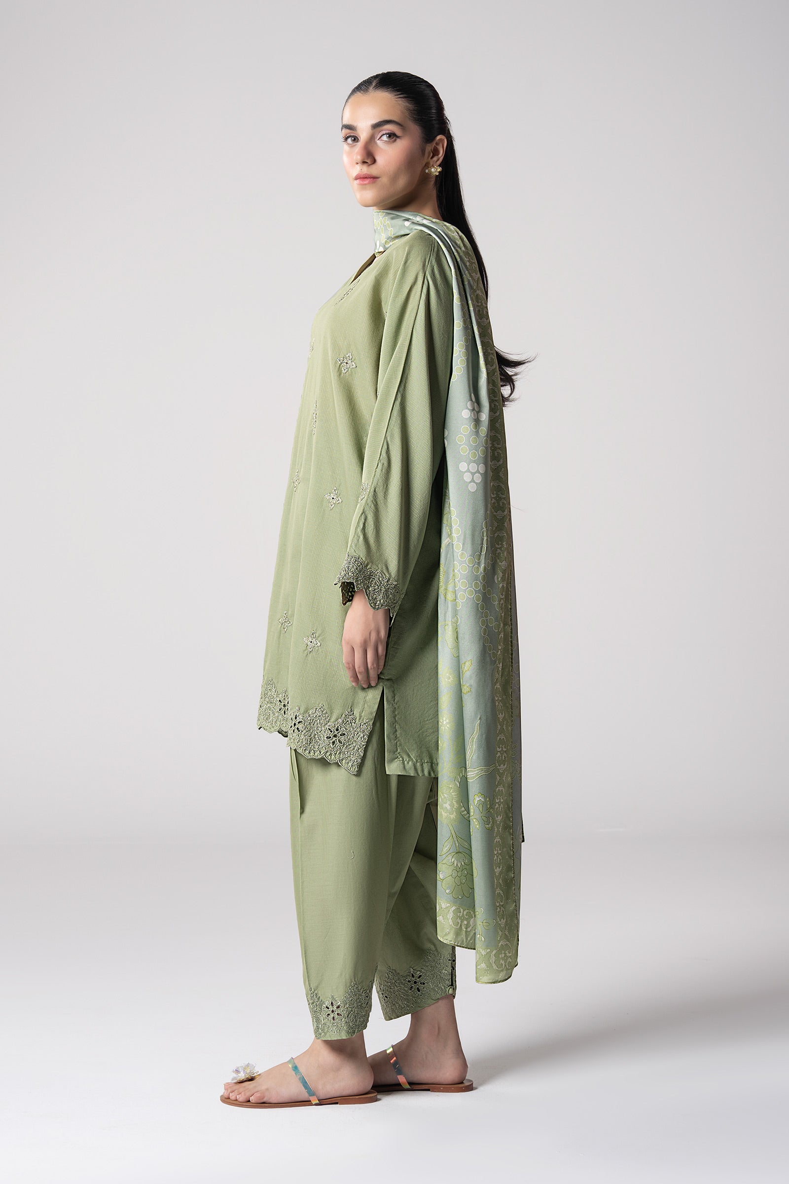Maria B | Basics RTW | 3 Pc Embroidered Lurex Stripe Suit | MB-CS25-143 XL Pistachio Green Lurex