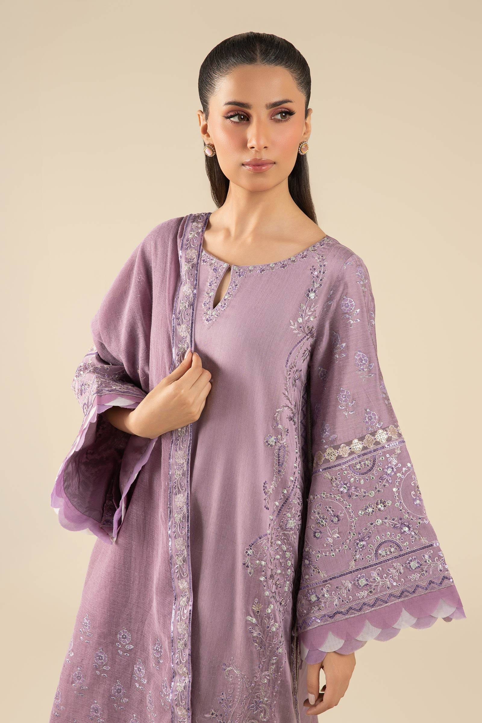 Maria B | Basics RTW | 3 Pc Embroidered Two Tone Silk Suit | MB-FS25-17 - Pakistani Designer Dress - by Maria B | Type: Ladies Clothes - 100% Original at Saira Sultan