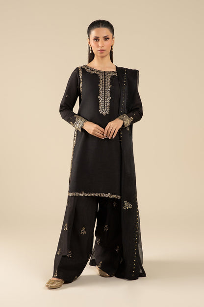 Maria B | Basics RTW | 3 Pc Embroidered Raw Silk Suit | MB-FS25-32-B S Black Silk