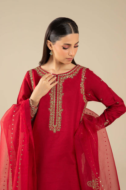 Maria B | Basics RTW | 3 Pc Embroidered Raw Silk Suit | MB-FS25-32 - Pakistani Designer Dress - by Maria B | Type: Ladies Clothes - 100% Original at Saira Sultan