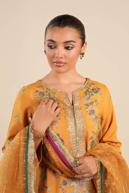 Maria B | Basics RTW | 3 Pc Embroidered Raw Silk Suit | MB-FS25-33 L Orange Silk