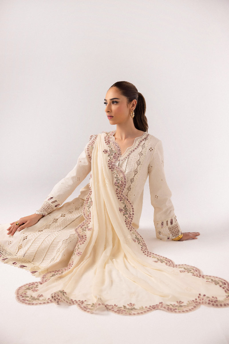 Qalamkar | Basic Pret 25 | KT-01 Lverah L Ivory Jacquard Weaved Lawn