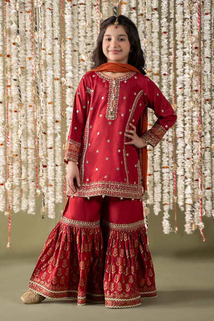 Maria B | 3 Piece Embroidered Raw Silk Suit | MKS-EF25-25 4-Feb Red