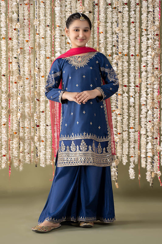 Maria B | 3 Piece Embroidered Raw Silk Suit | MKS-EF25-27 4-Feb Blue