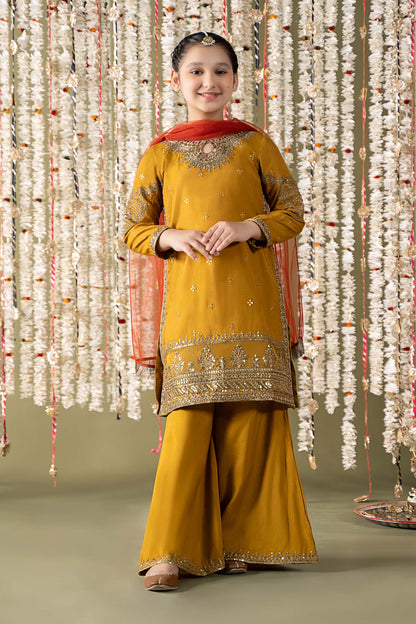 Maria B | 3 Piece Embroidered Raw Silk Suit | MKS-EF25-27 4-Feb Yellow