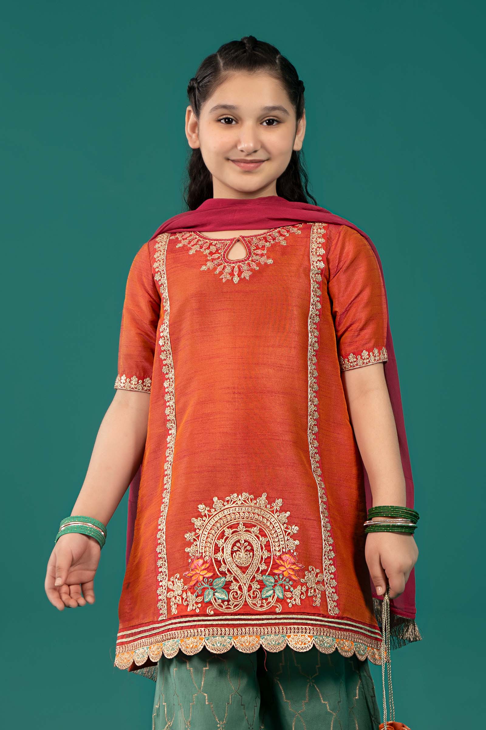 Maria B | 3 Piece Embroidered Raw Silk Suit | MKS-EF25-45 6-Apr Orange