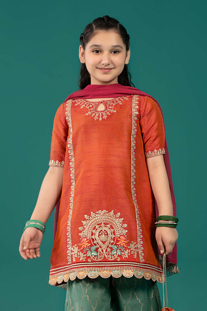 Maria B | 3 Piece Embroidered Raw Silk Suit | MKS-EF25-45 6-Apr Orange