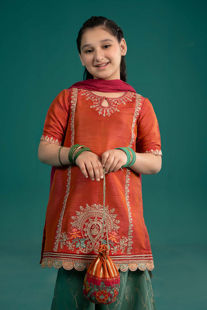 Maria B | 3 Piece Embroidered Raw Silk Suit | MKS-EF25-45 8-Jun Orange