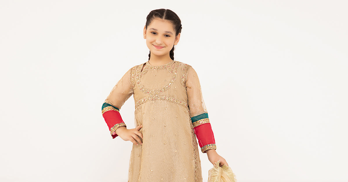 Maria B | 3 Piece Embroidered Zari Net Suit | MKS-PF24-03 14-Dec Beige