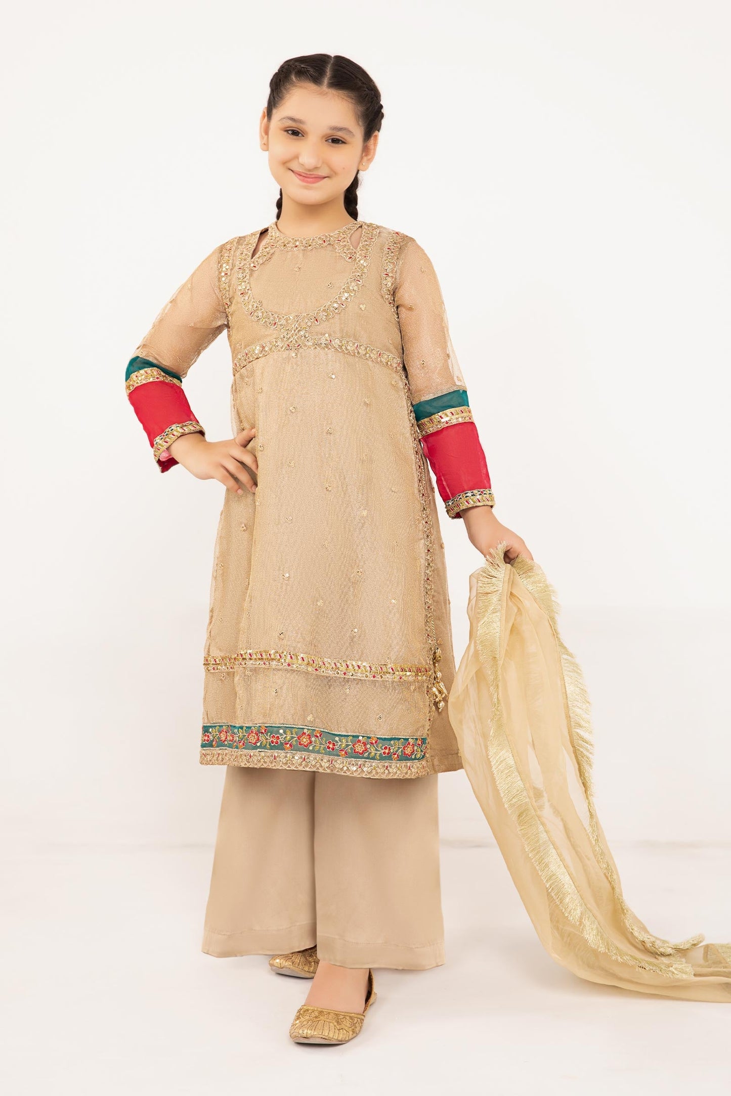 Maria B | 3 Piece Embroidered Zari Net Suit | MKS-PF24-03 4-Feb Beige