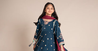 Maria B | 3 Piece Embroidered Raw Silk Suit | MKS-EF25-07 14-Dec Blue
