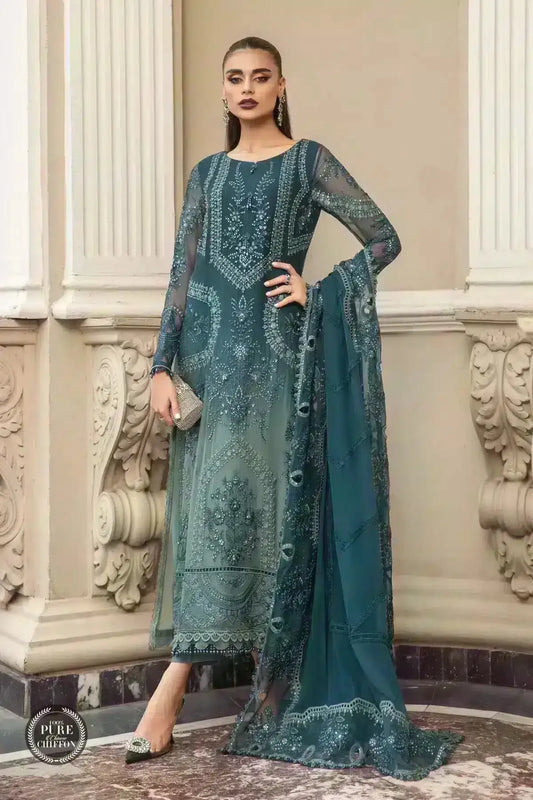 Maria B | Luxury Chiffon Collection | Teal Blue - Pakistani Designer Dress - by Maria B | Type: Formal - 100% Original at Saira Sultan