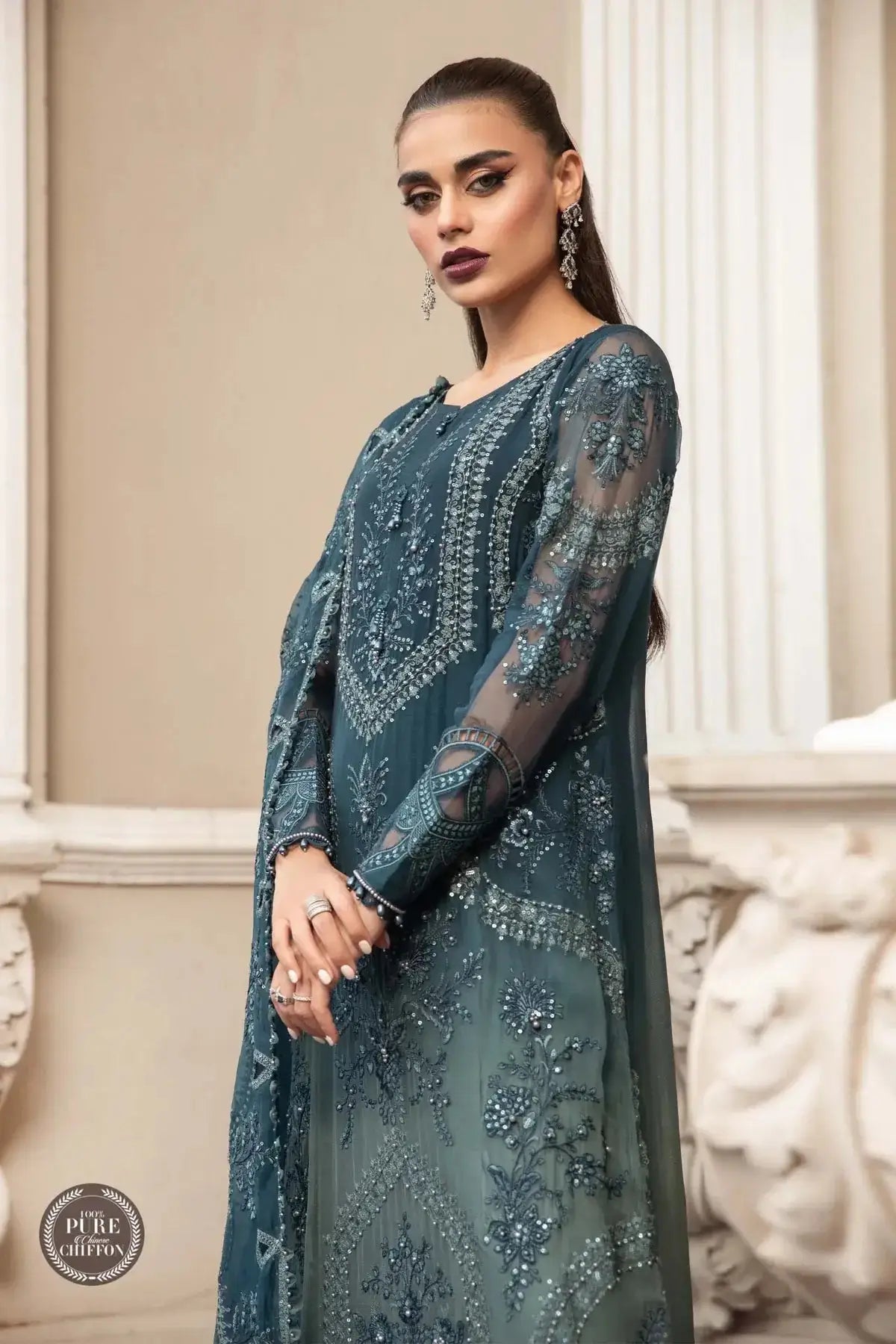 Maria B | Luxury Chiffon Collection | Teal Blue - Pakistani Designer Dress - by Maria B | Type: Formal - 100% Original at Saira Sultan