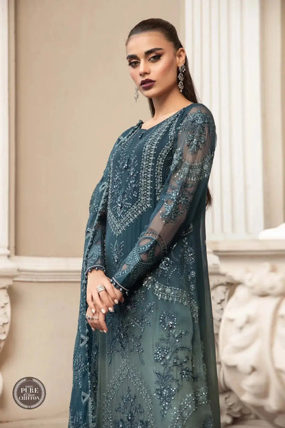 Maria B | Luxury Chiffon Collection | Teal Blue - Pakistani Designer Dress - by Maria B | Type: Formal - 100% Original at Saira Sultan